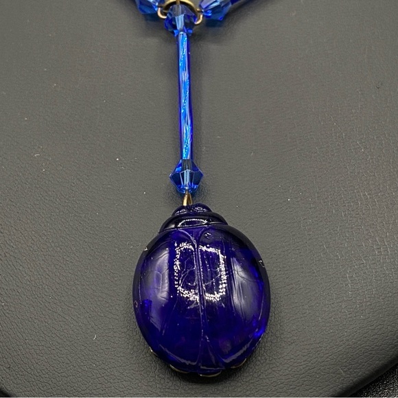 Vintage Cobalt Blue Czech Glass Scarab Pendant Necklace - Picture 15 of 15